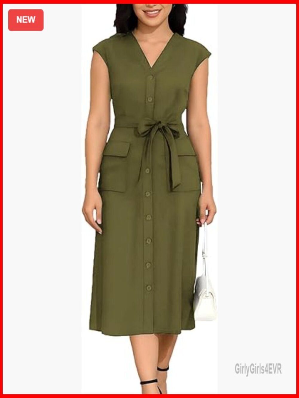 V Neck Button Down Swing Midi Dress with Pockets Sleeveless Petite